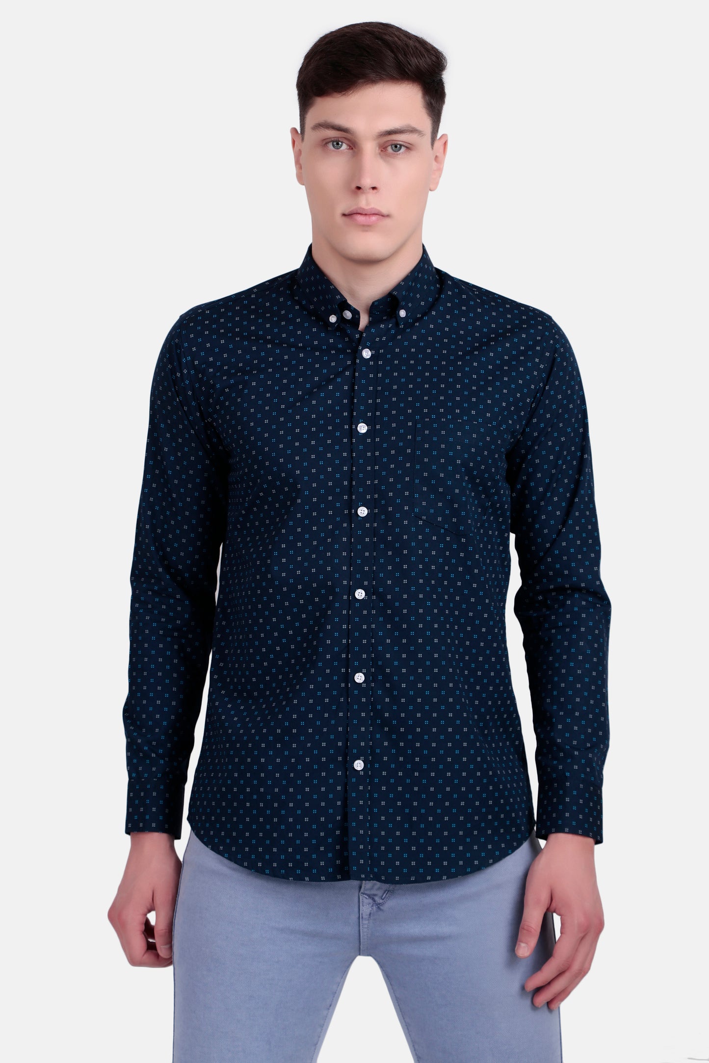 Men's Slim Fit Printed Cotton Shirt – Navy Blue