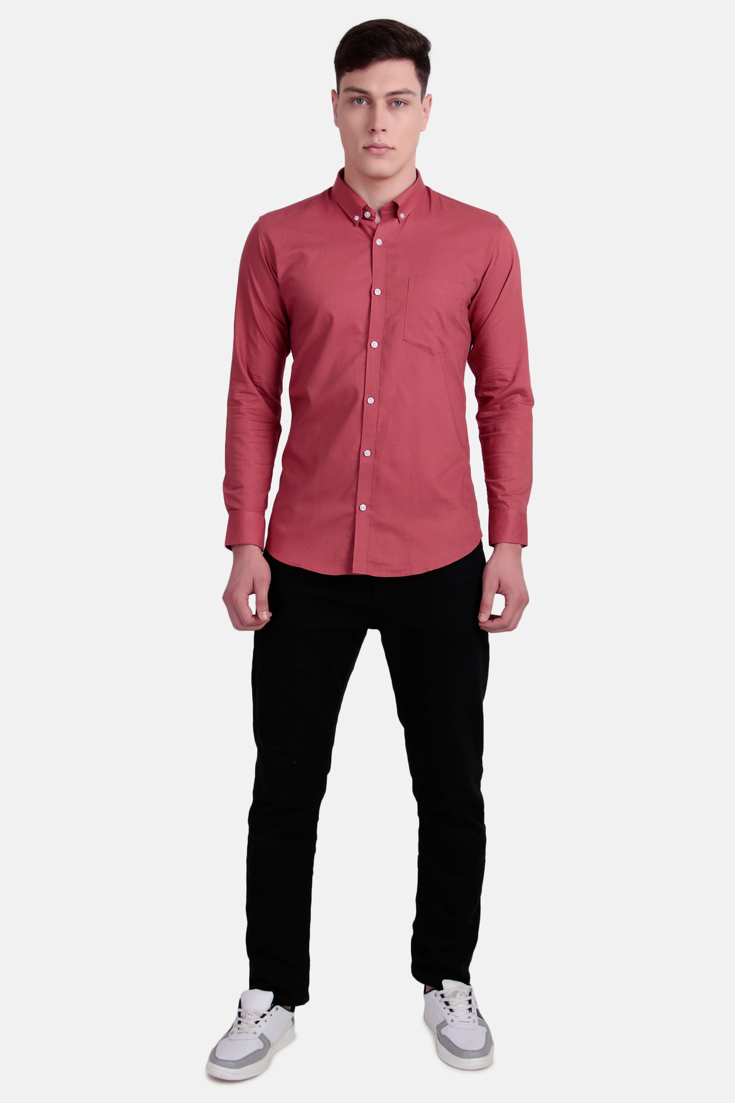 Men Solid Cotton Peach Shirt