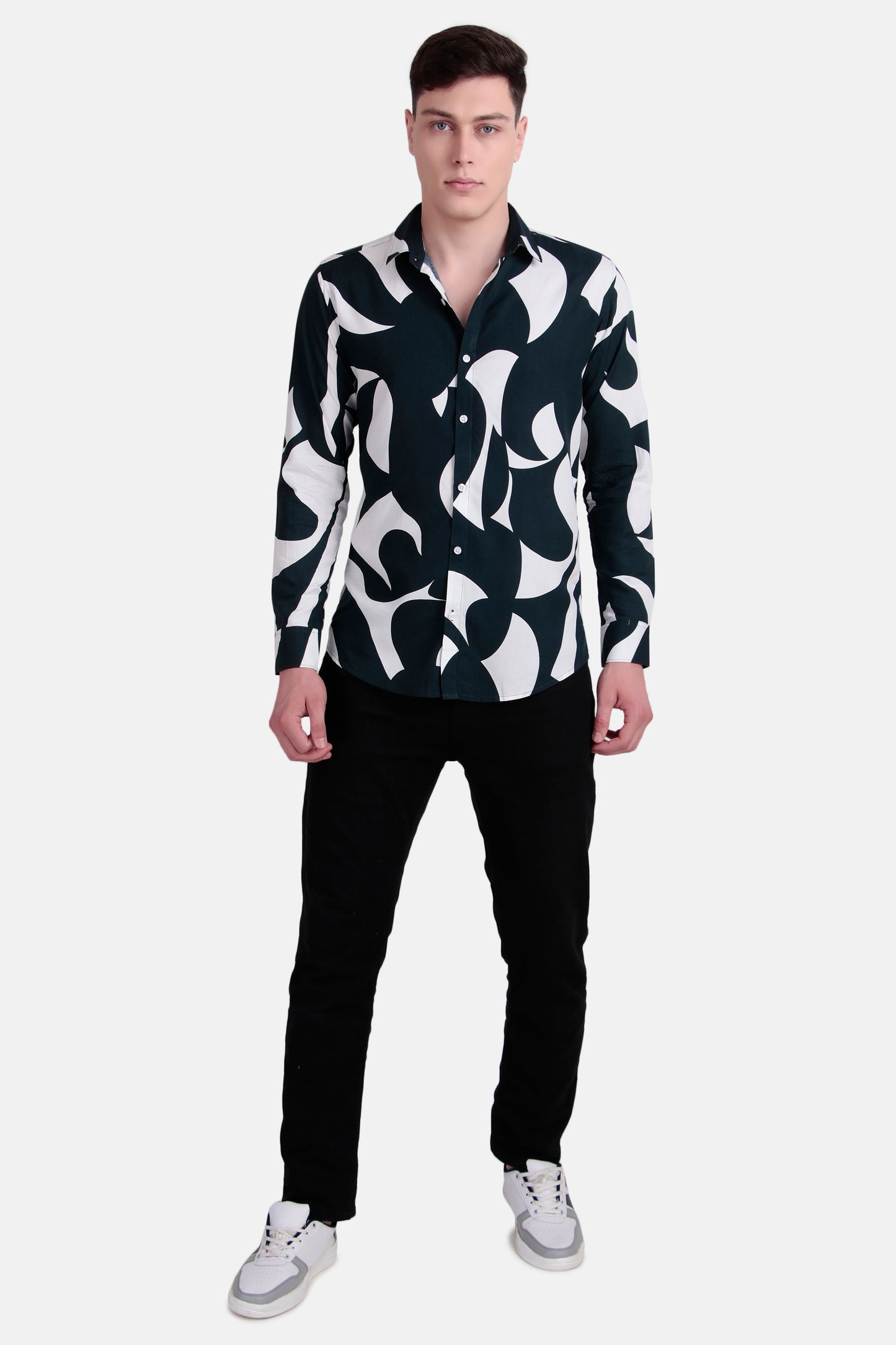 Men’s Abstract Green and White Printed Shirt