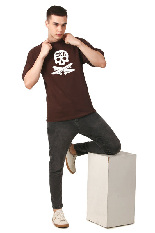 Oversized Brown Skull Print Cotton T-shirt