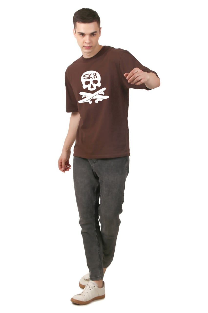 Oversized Brown Skull Print Cotton T-shirt