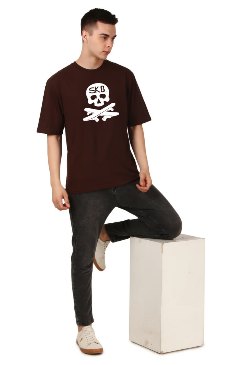Oversized Brown Skull Print Cotton T-shirt